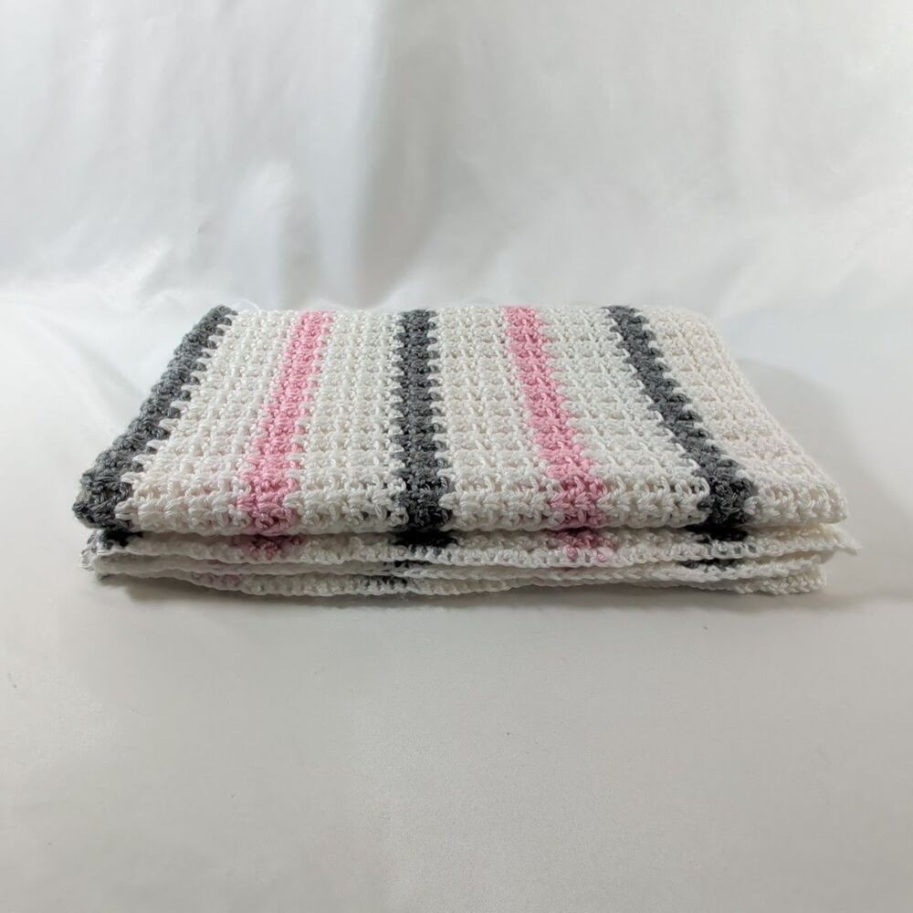 Handmade Crochet Baby Blanket White Pink Gray Striped 42x31